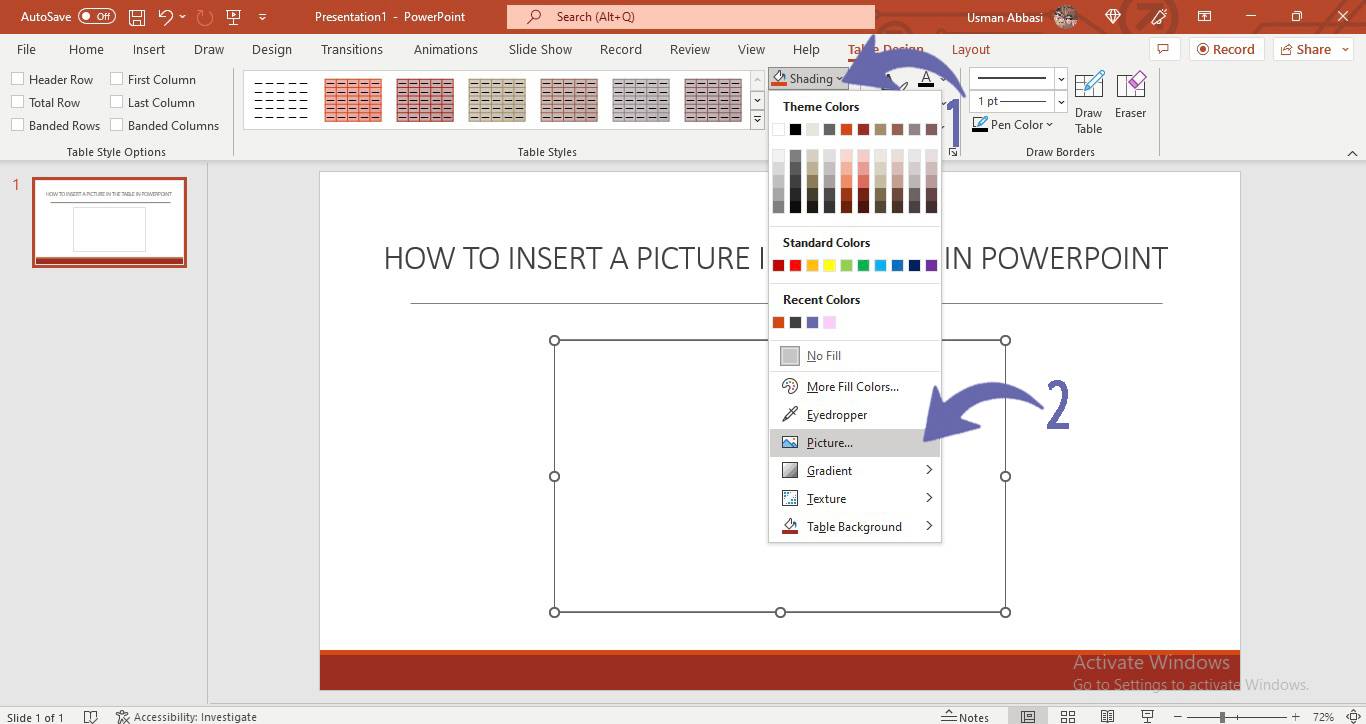 Inserting picture in the table in PowerPoint