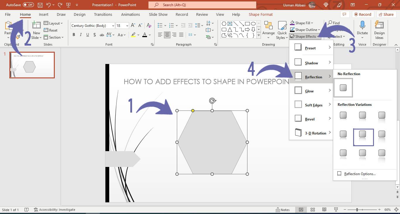 Adjusting reflection effect of a shape in PowerPoint