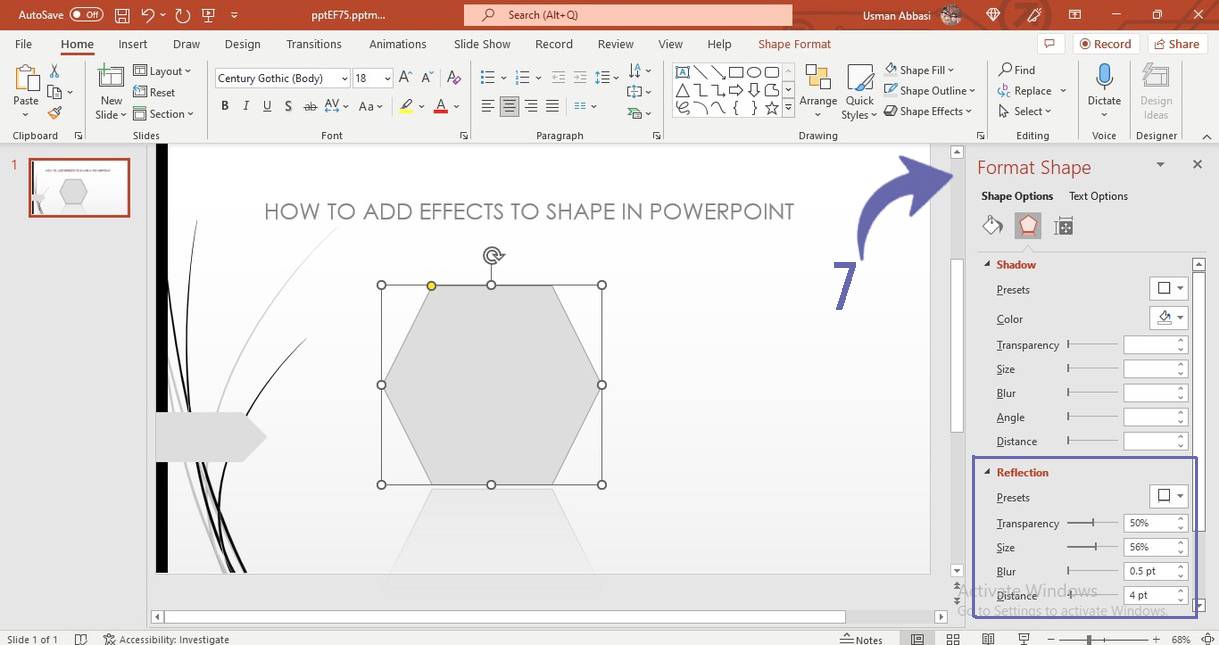 Adjusting reflection effect of a shape in PowerPoint