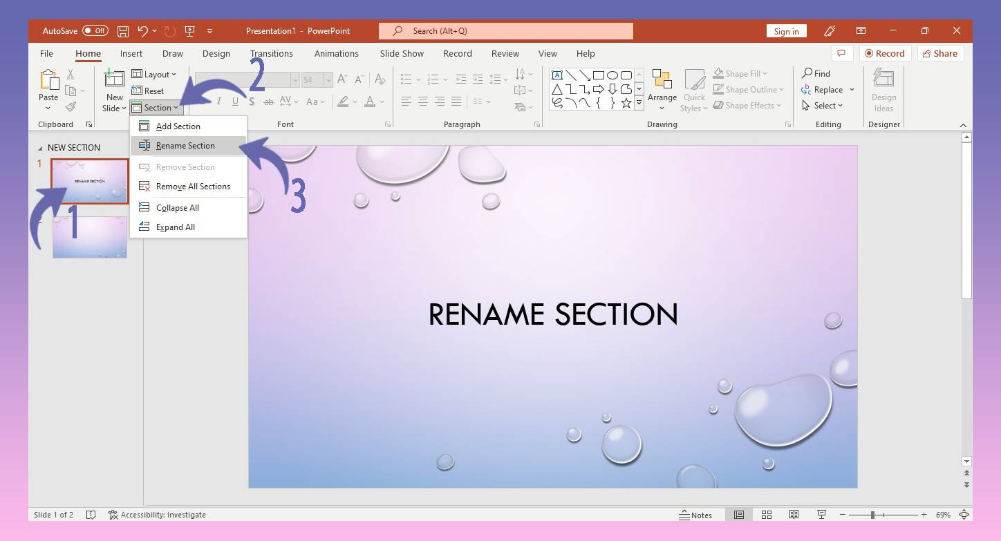 Renaming the section in powerPoint