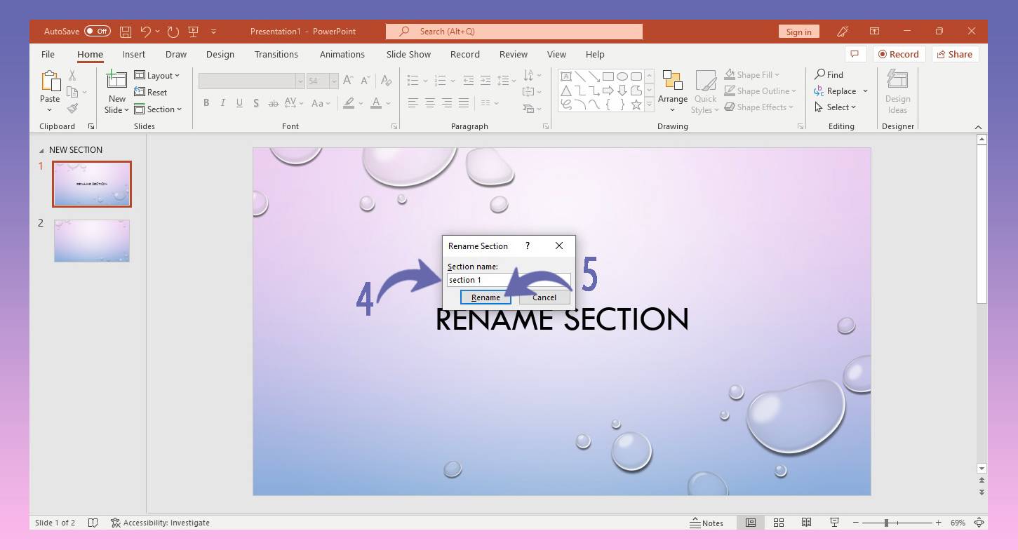  Renaming the sections in PowerPoint 