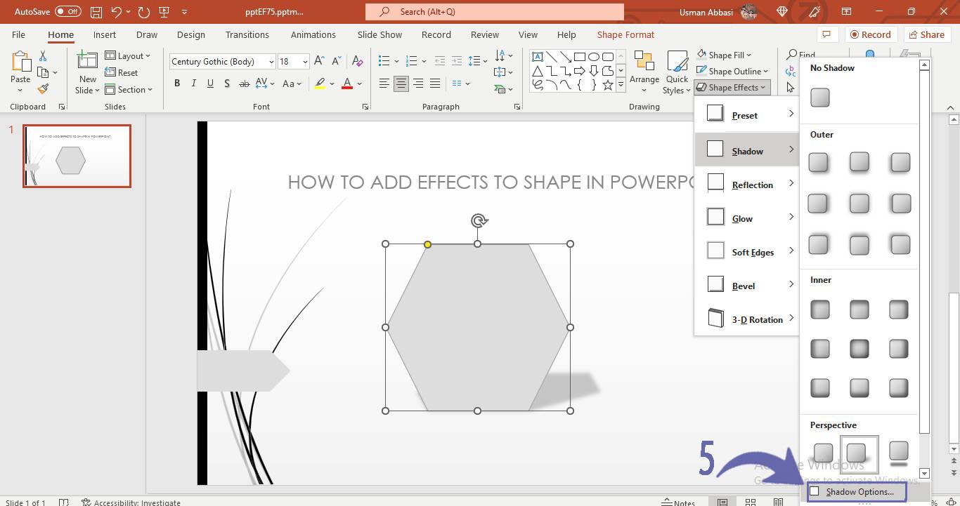 Applying shadow effect to the shape in PowerPoint
