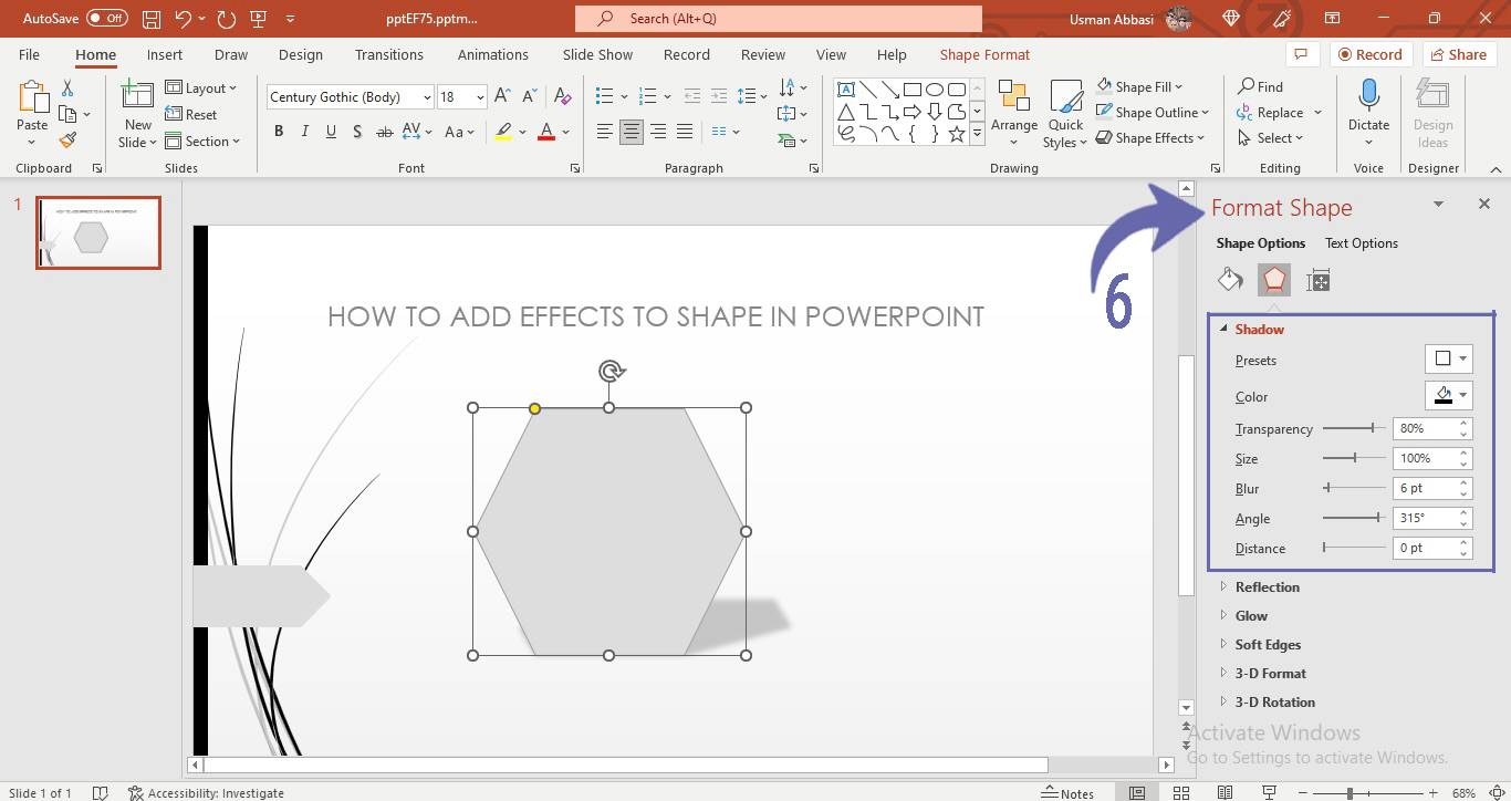 Applying shadow effect to the shape in PowerPoint