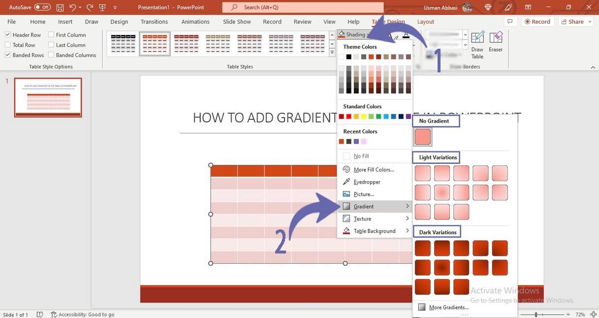 Applying gradient effect to the table in PowerPoint