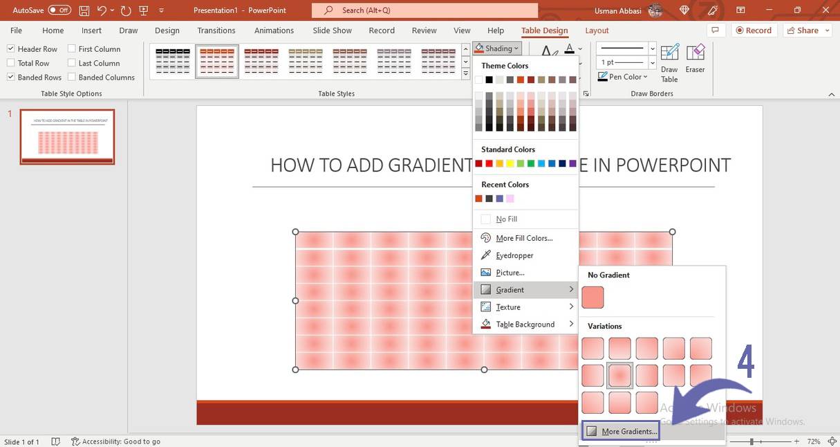 Applying gradient effect to the table in PowerPoint