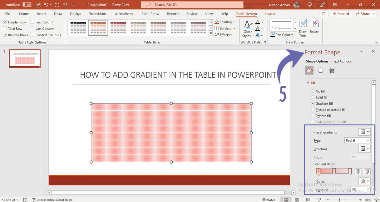 Applying gradient effect to the table in PowerPoint