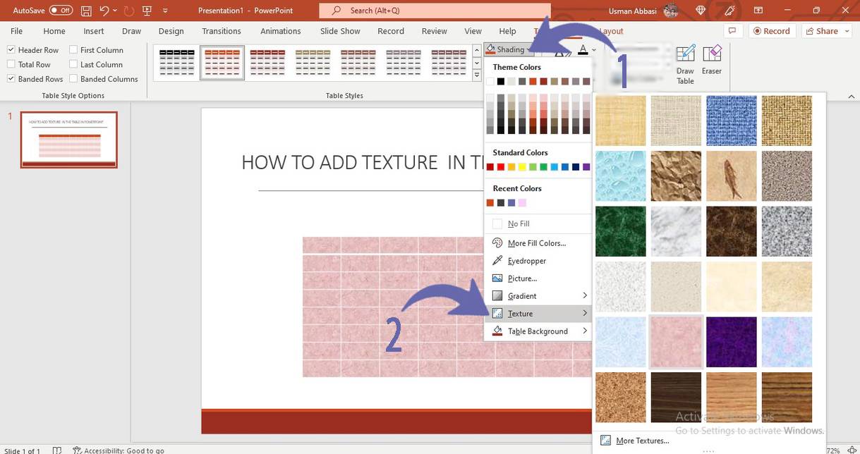 Texture filling in the table in PowerPoint