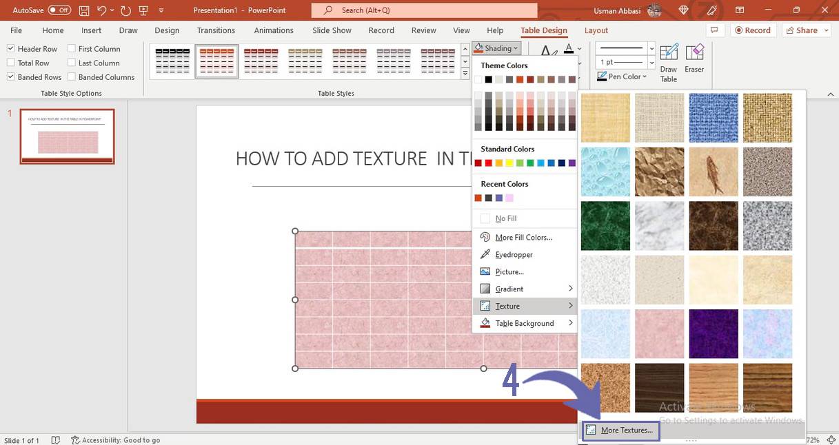 Texture filling in the table in PowerPoint