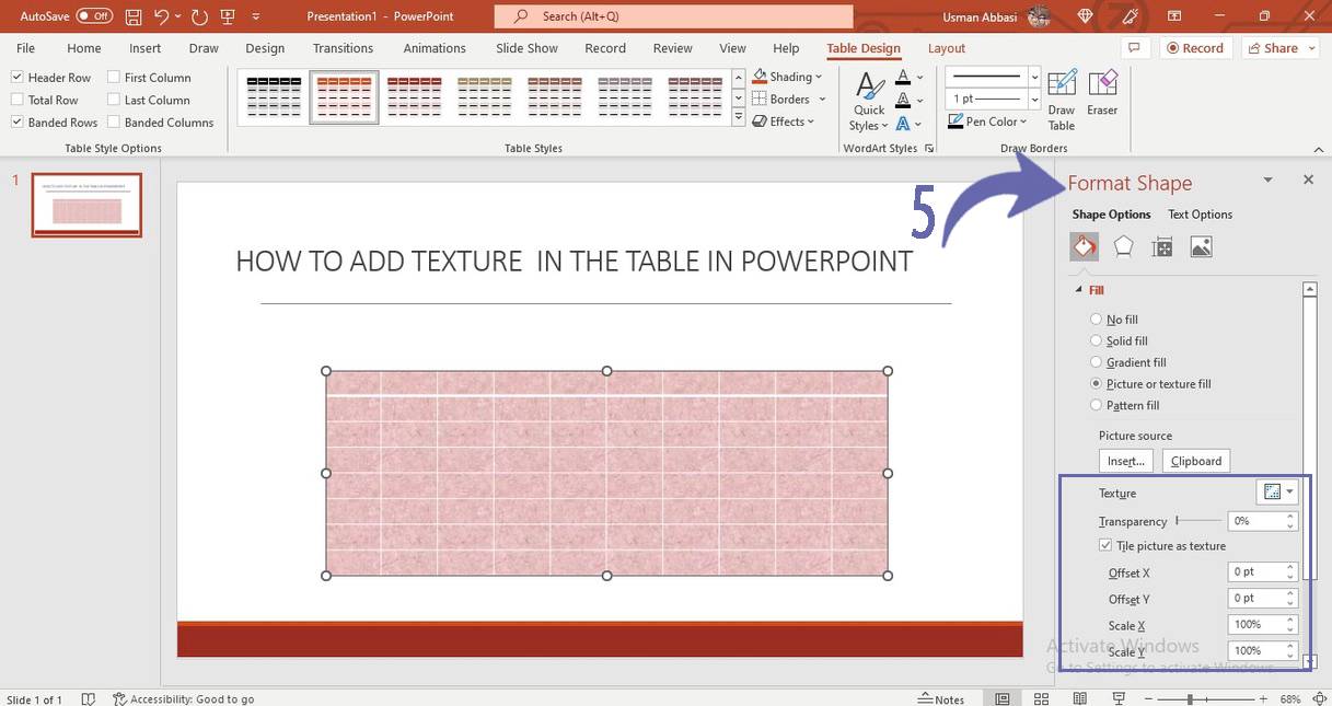 Texture filling in the table in PowerPoint