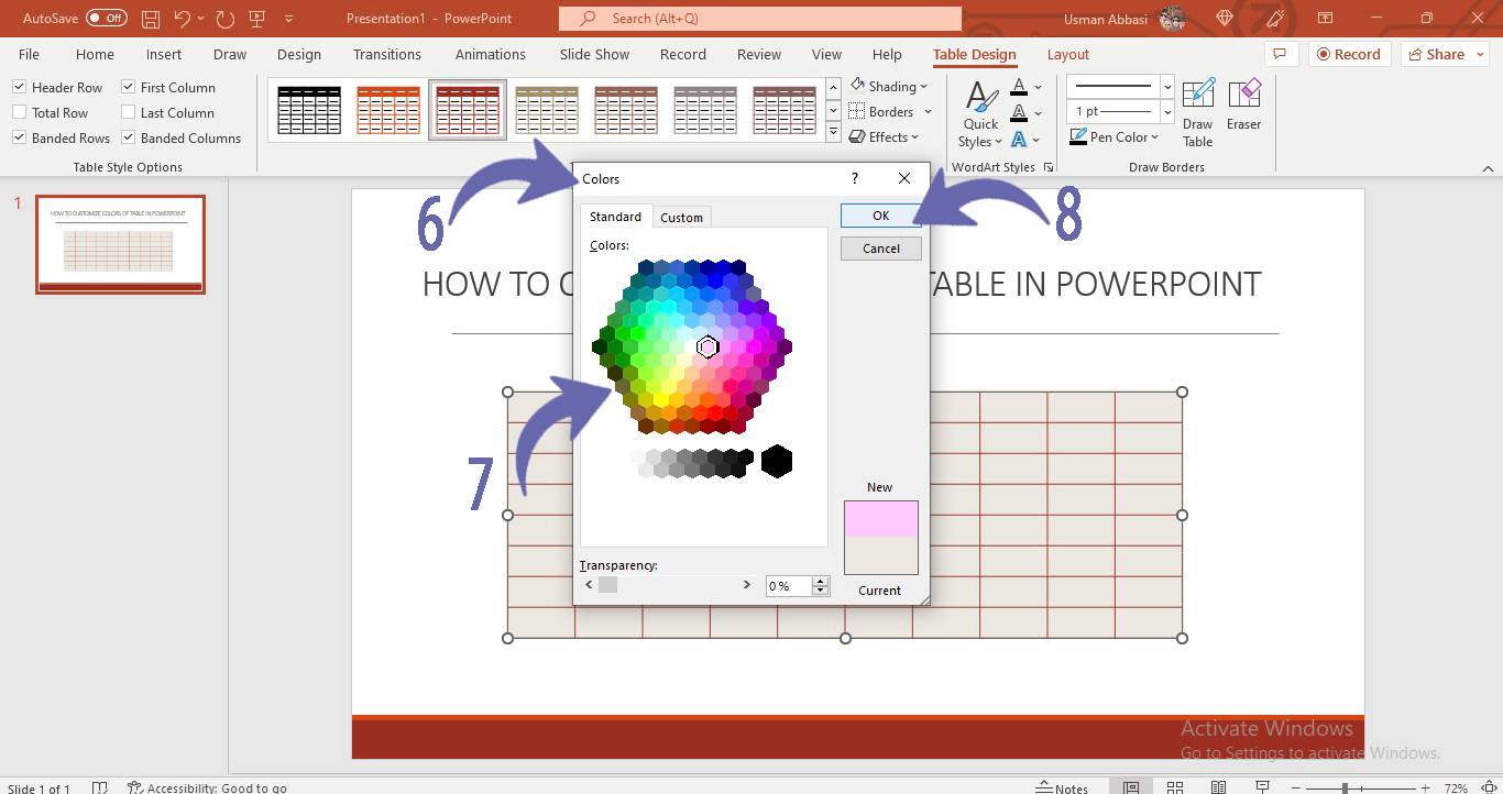 Customizing table colors in PowerPoint