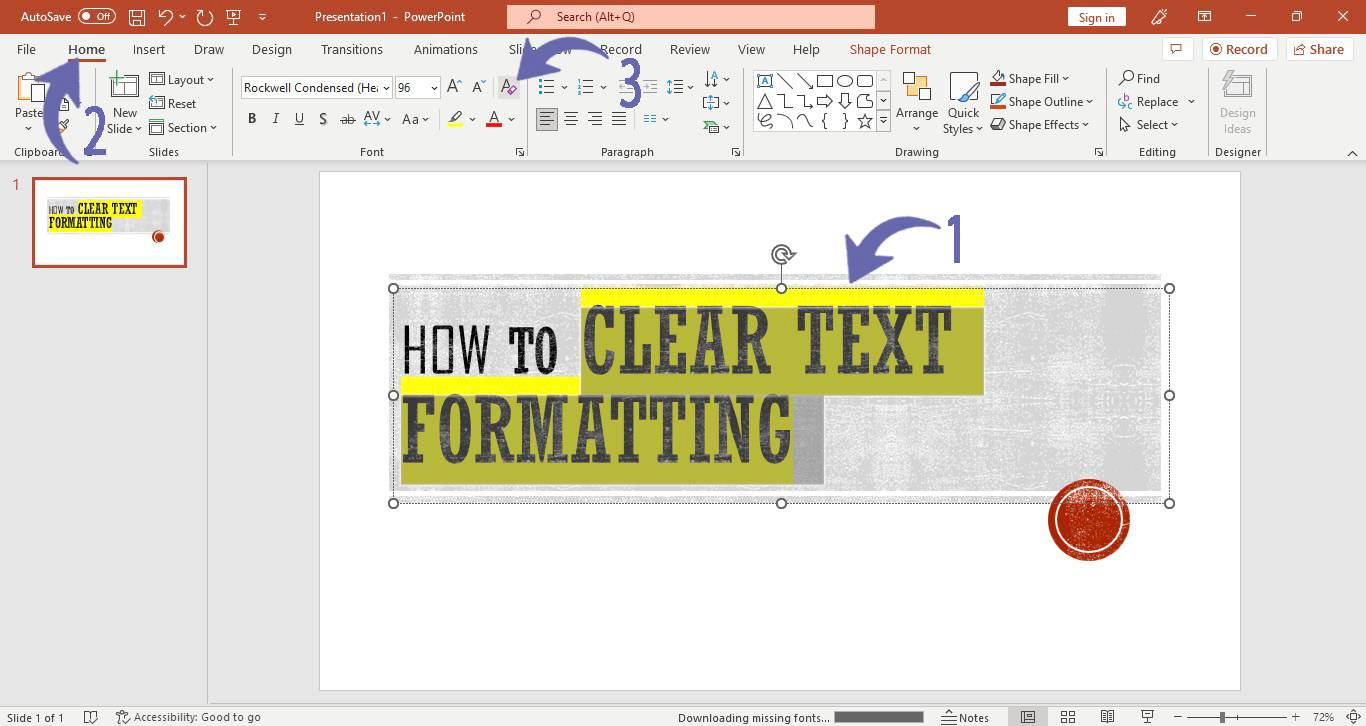 Removing character formatting in PowerPoint