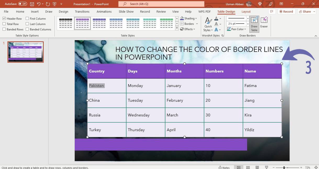 Customizing the table borders line color in PowerPoint