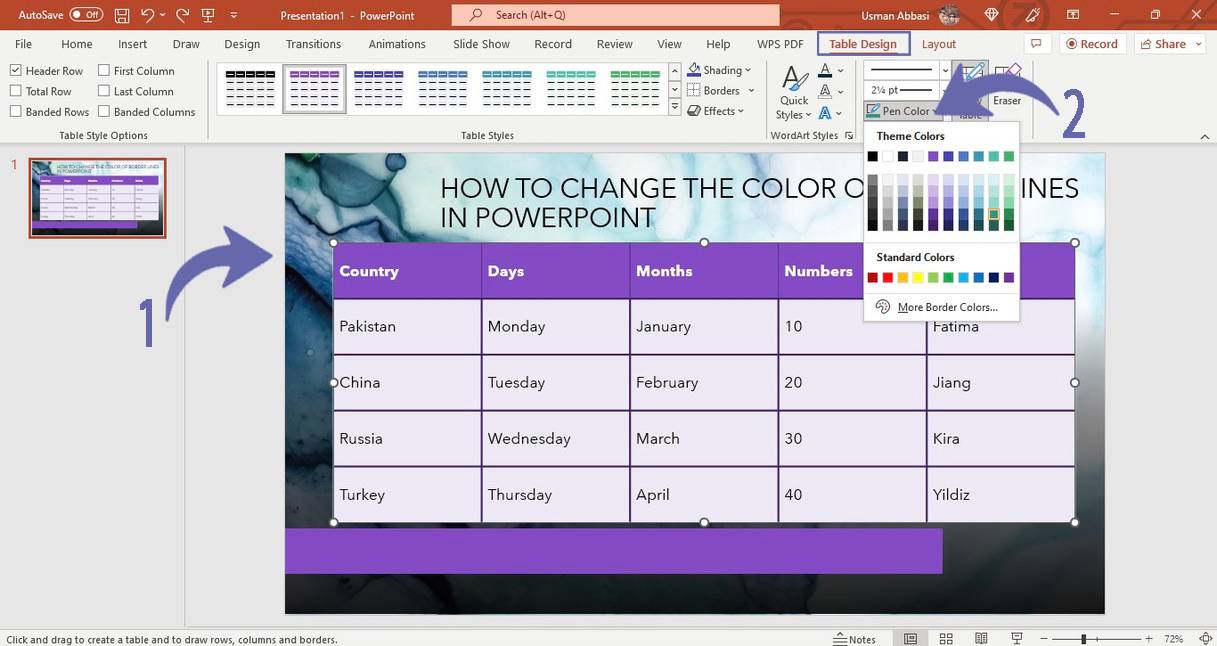 Customizing the table borders line color in PowerPoint