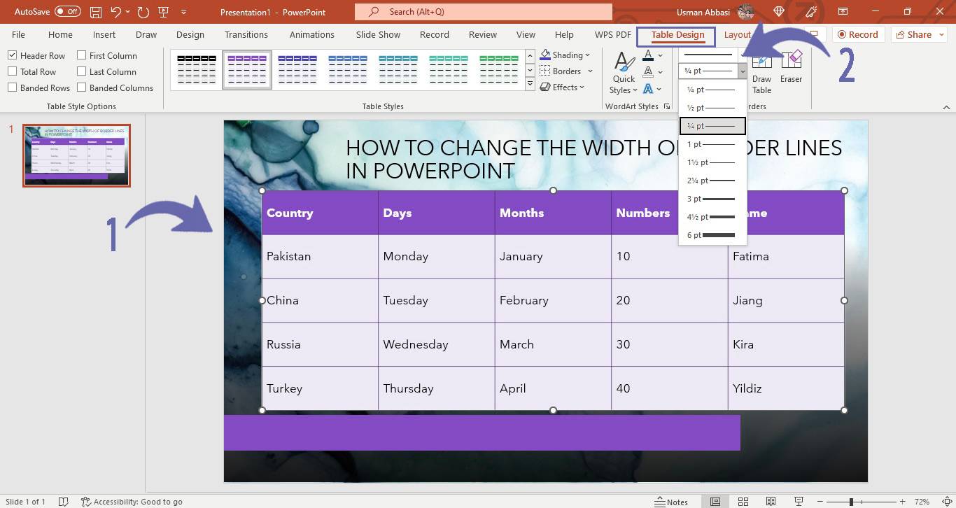 Changing the table borders line weight in PowerPoint