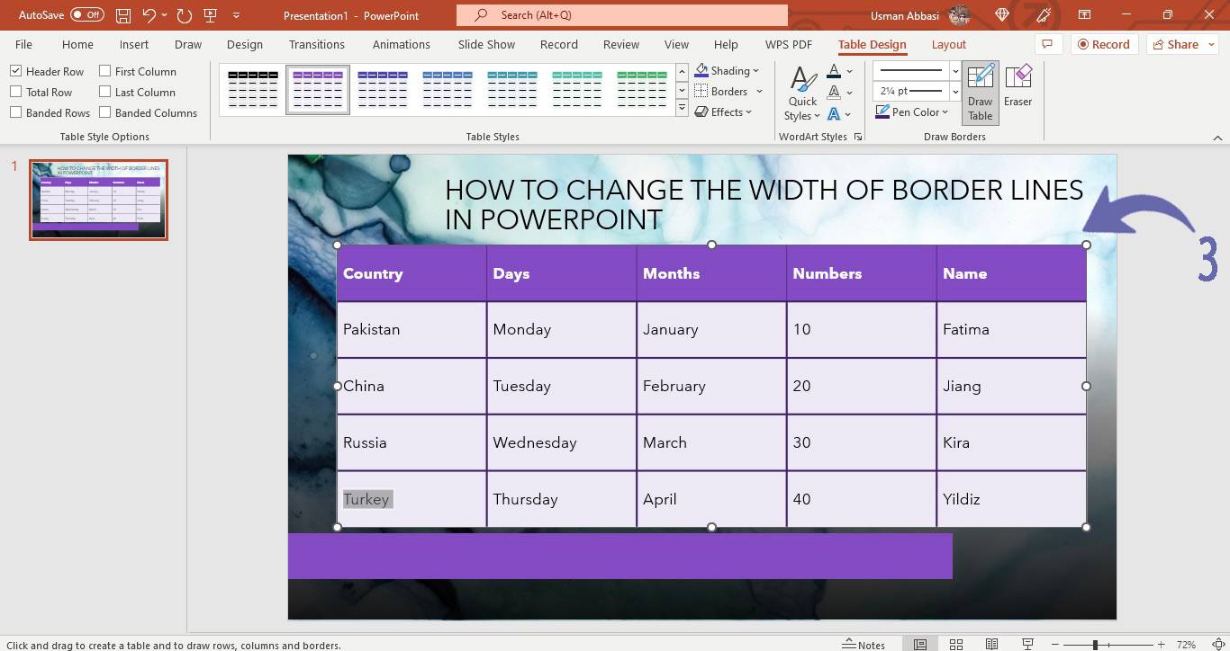 Changing a table borders line weight in PowerPoint