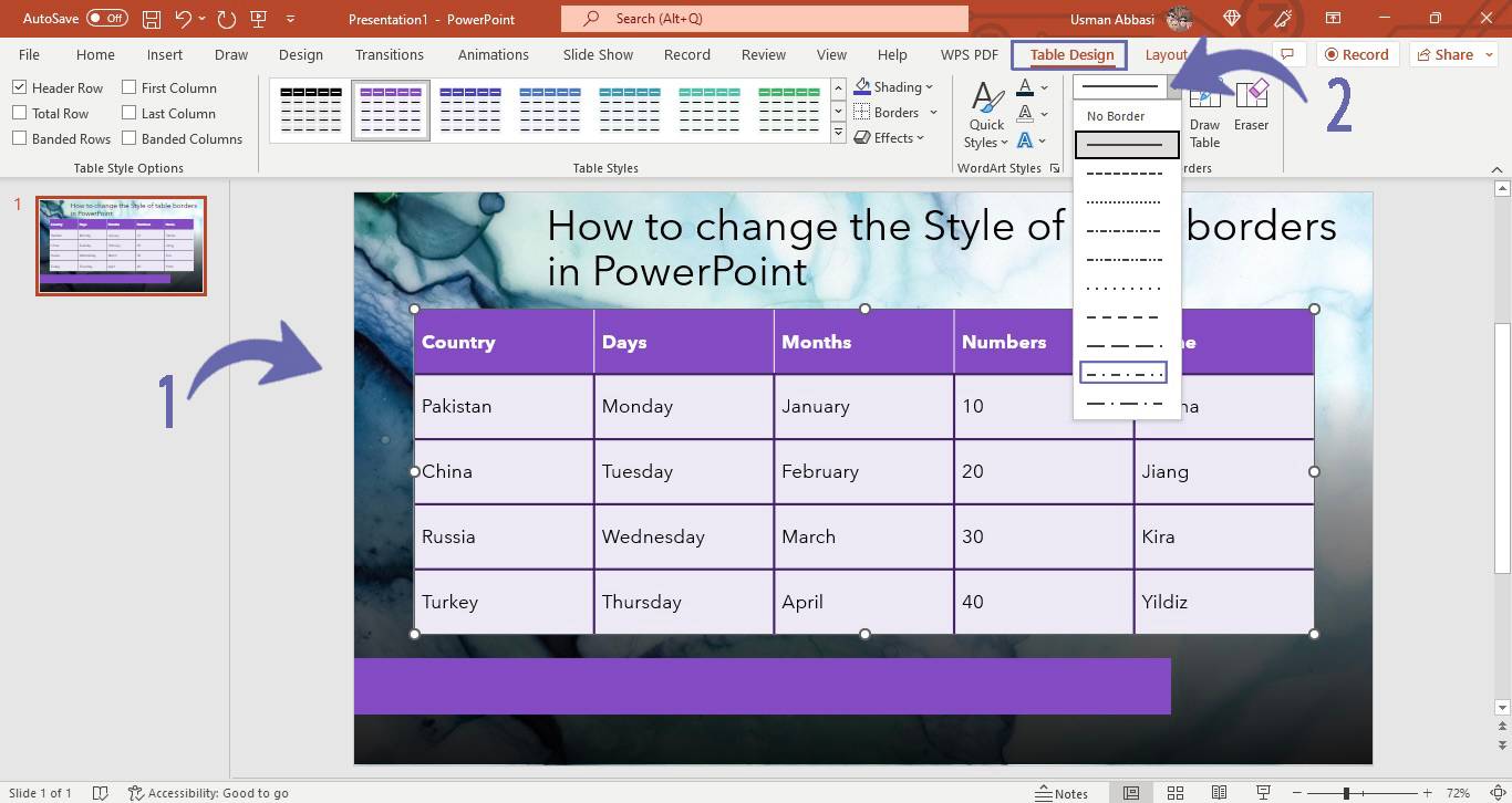 Changing style of table border line in PowerPoint