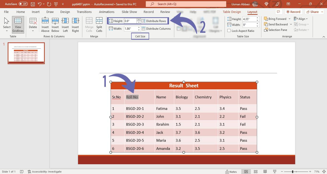 Adjusting the size of table cell in PowerPoint