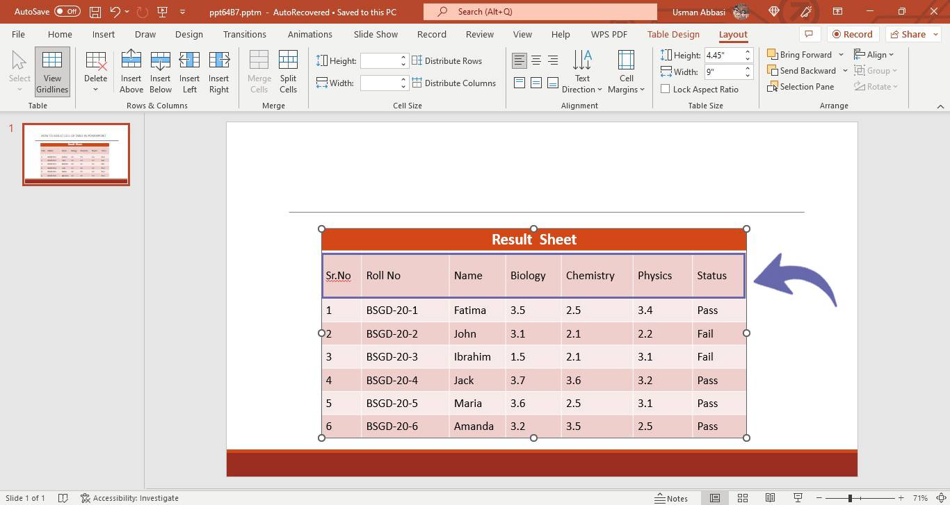 Adjusting the size of table cell in PowerPoint