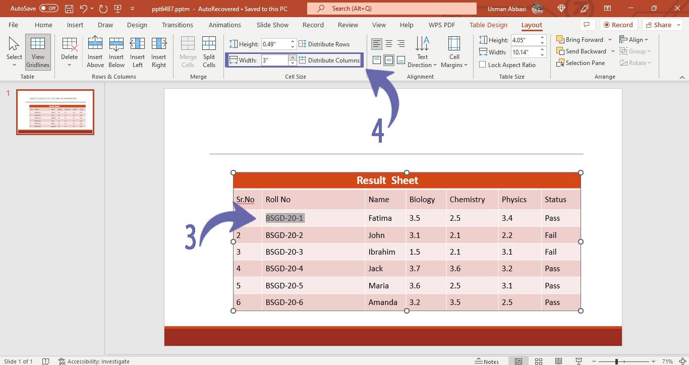 Adjusting the size of table cell in PowerPoint