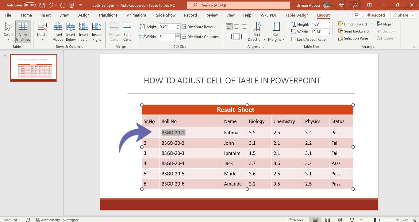 Adjusting the size of table cell in PowerPoint