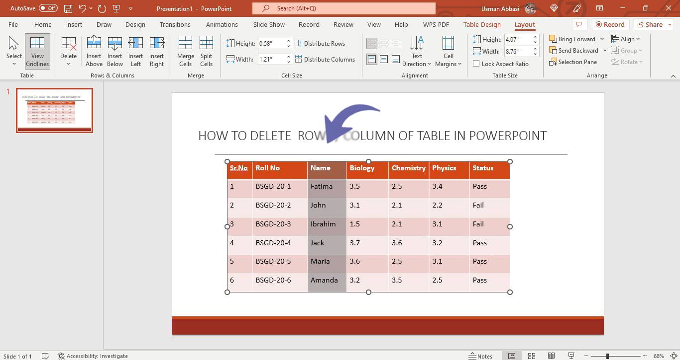 Inserting /deleting row, column or the entire table in PowerPoint