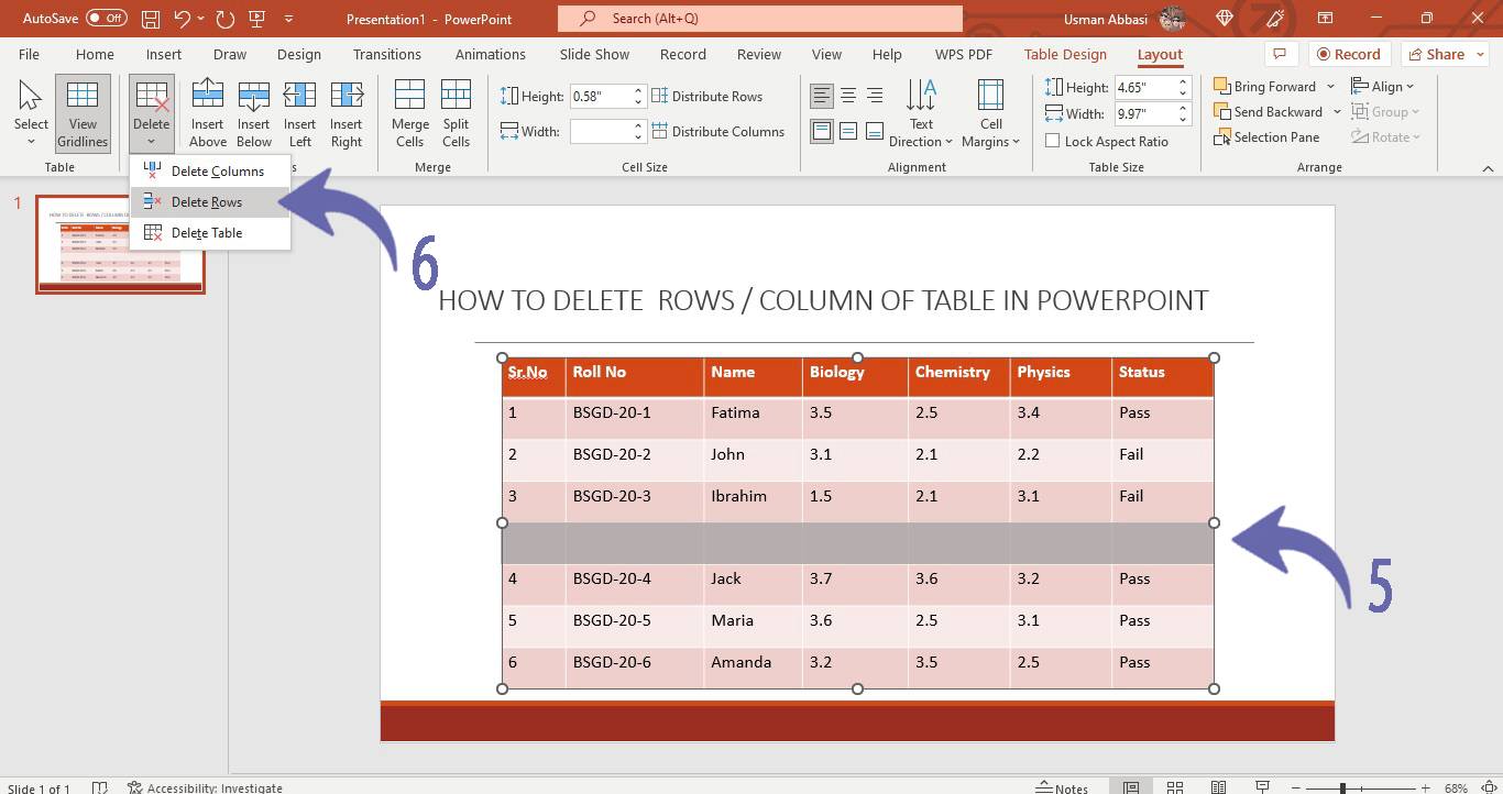 Inserting /deleting row, column or the entire table in PowerPoint