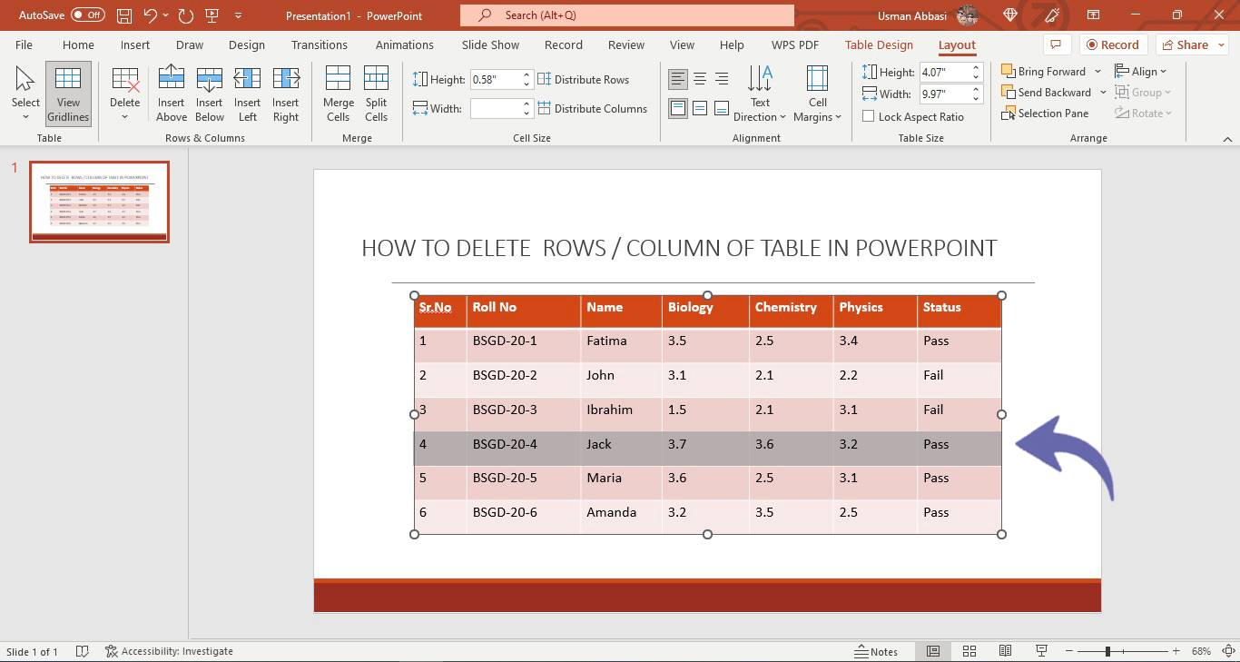 Inserting /deleting row, column or the entire table in PowerPoint