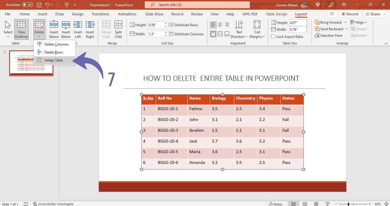 Inserting /deleting row, column or the entire table in PowerPoint