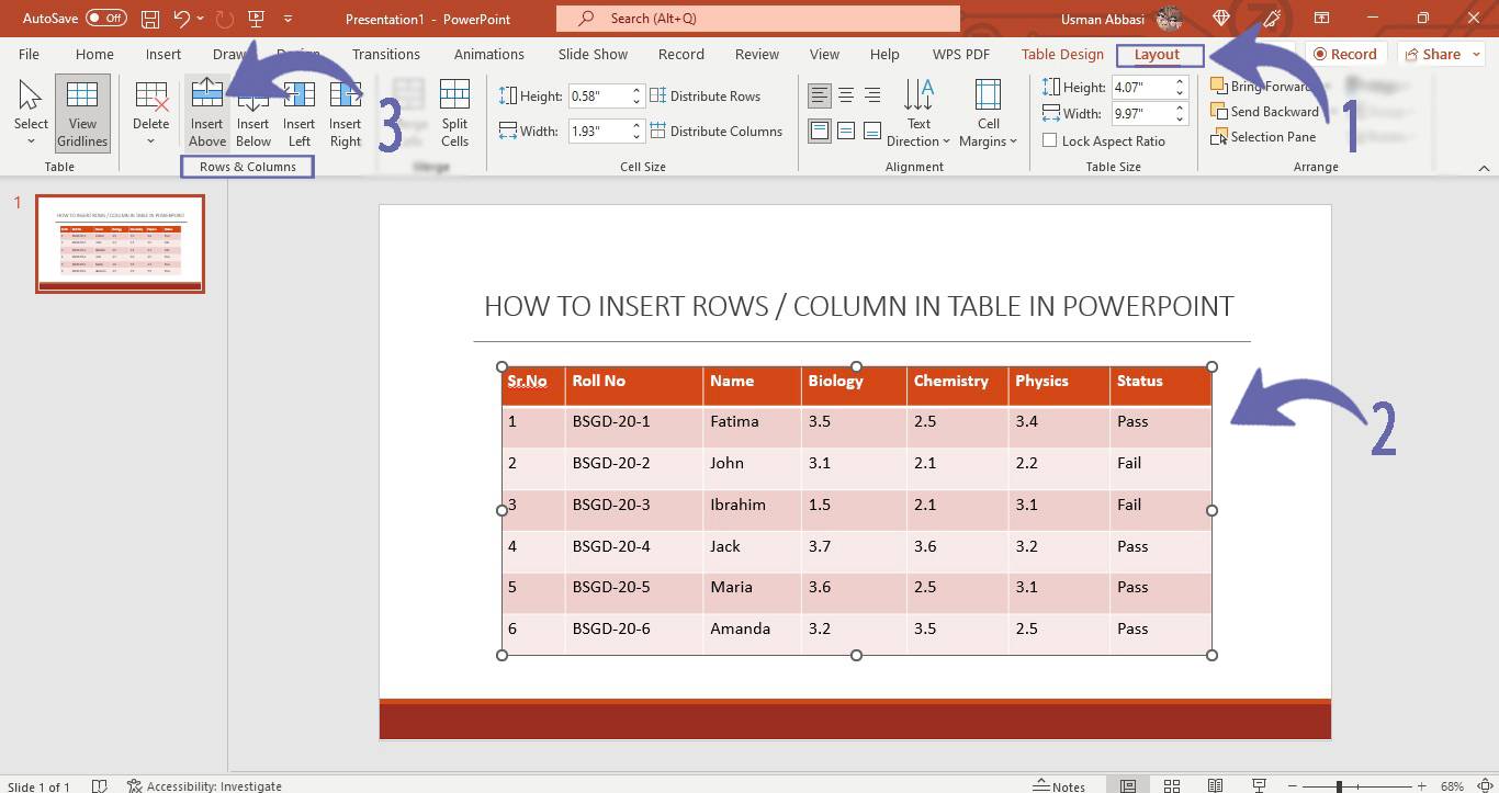 Inserting /deleting row, column or the entire table in PowerPoint