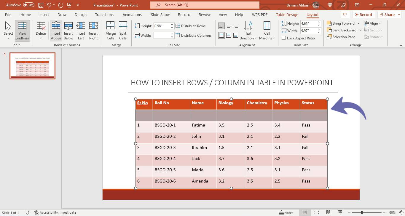 Inserting /deleting row, column or the entire table in PowerPoint