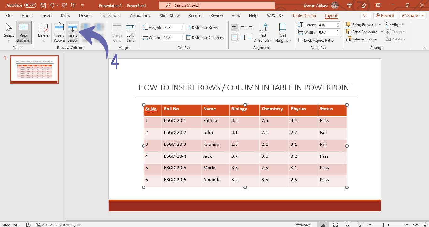 Inserting /deleting row, column or the entire table in PowerPoint