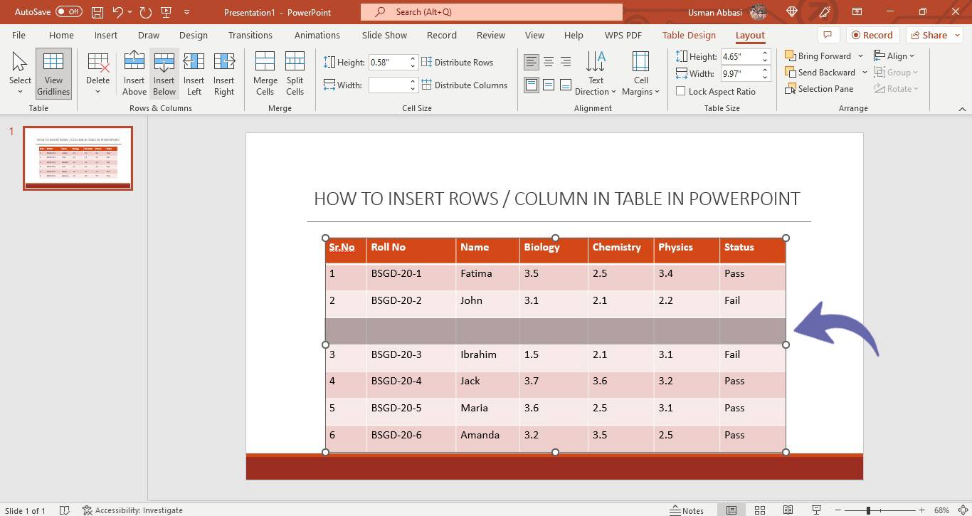 Inserting /deleting row, column or the entire table in PowerPoint