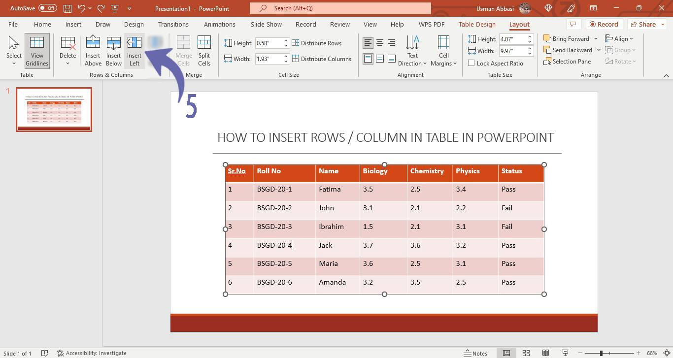 Inserting /deleting row, column or the entire table in PowerPoint