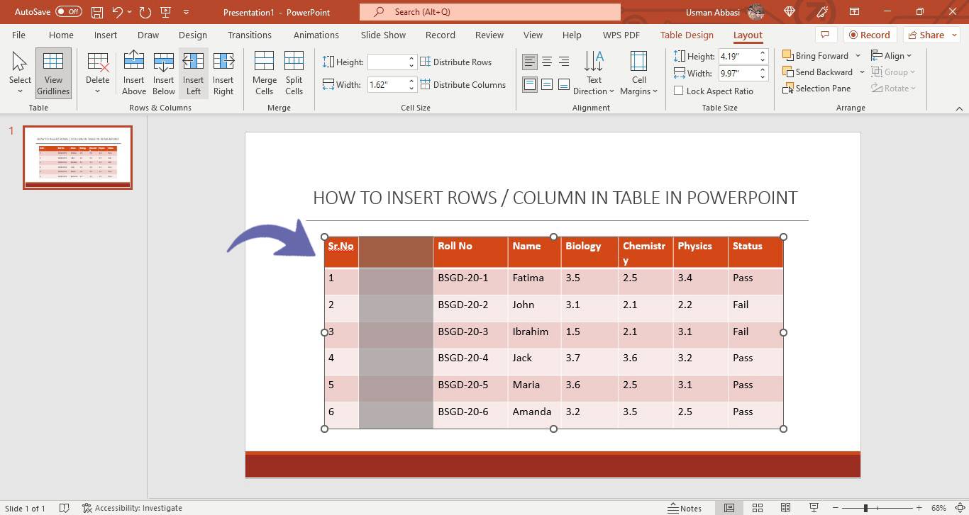 Inserting /deleting row, column or the entire table in PowerPoint