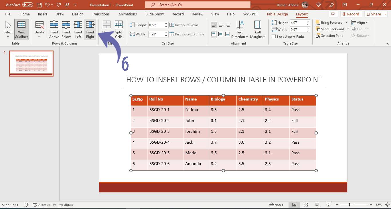 Inserting or deleting row, column or the entire table in PowerPoint