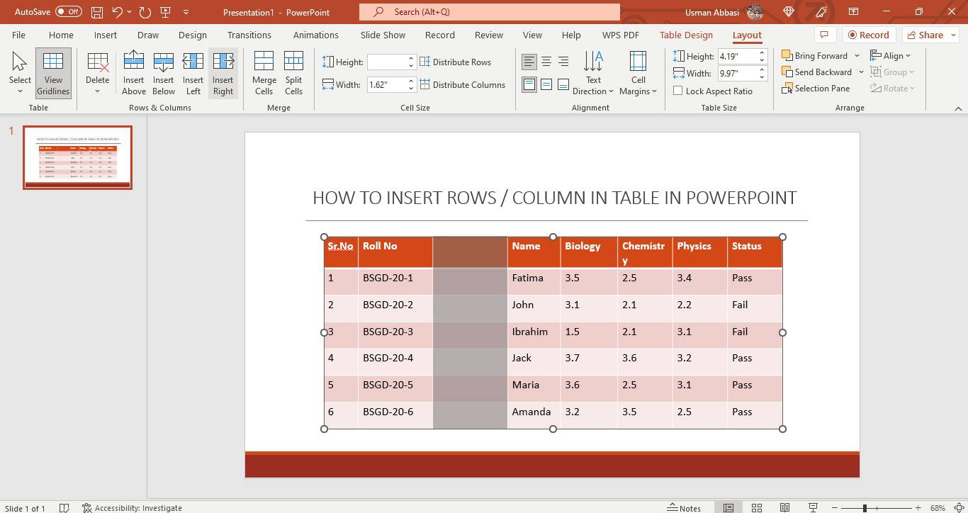 Inserting /deleting row, column or the entire table in PowerPoint