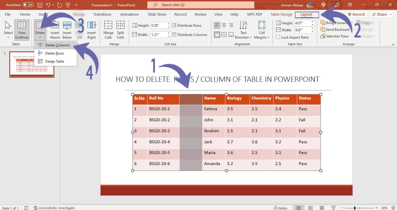 Deleting row, column or the entire table in PowerPoint