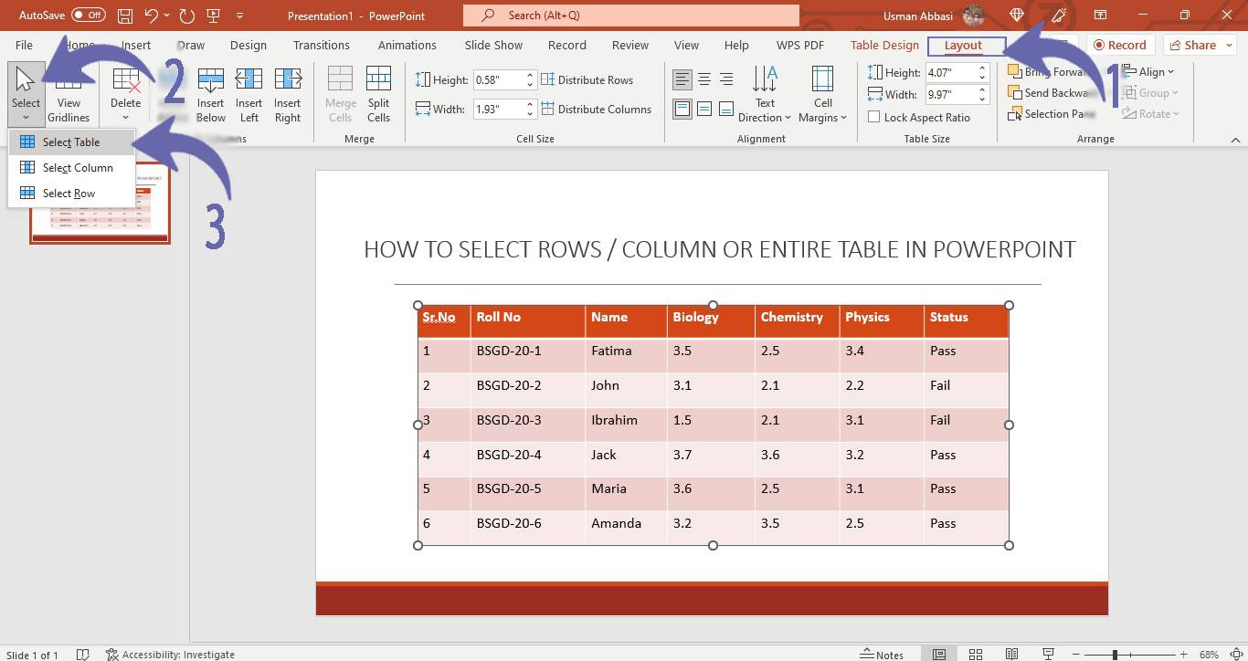 Selection of row, column or the entire table in PowerPoint