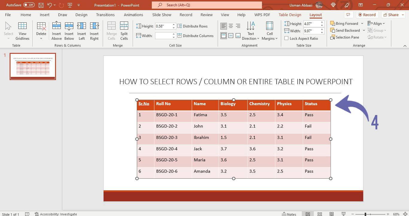 Selection of row, column or the entire table in PowerPoint