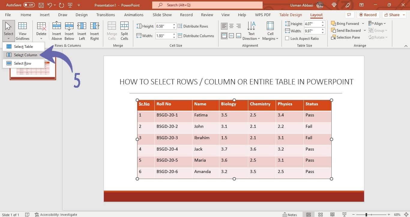 Selection of row, column or the entire table in PowerPoint