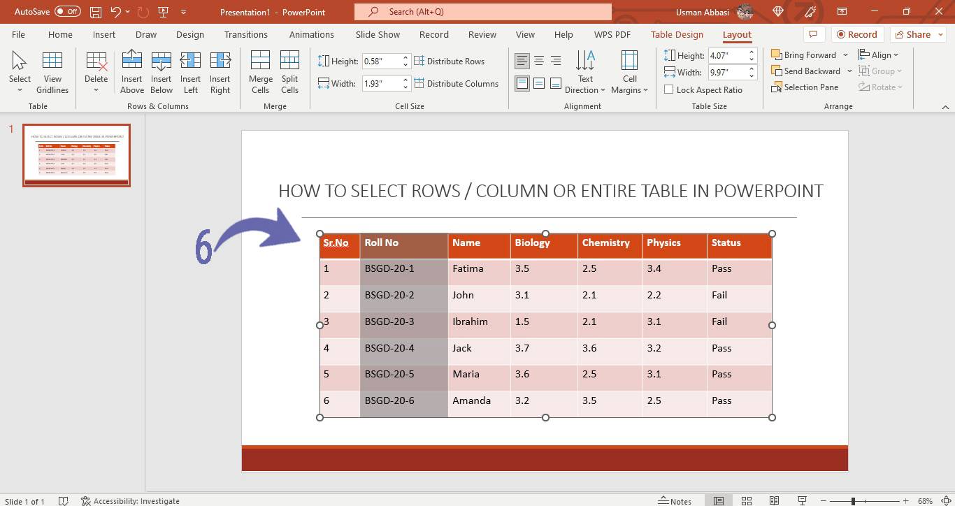 Selection of row, column or the entire table in PowerPoint