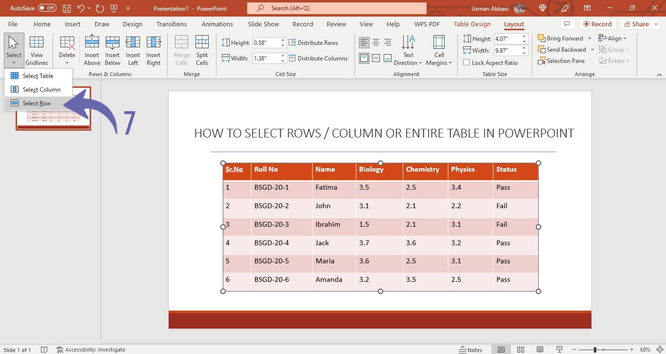 Selection of row, column or the entire table in PowerPoint