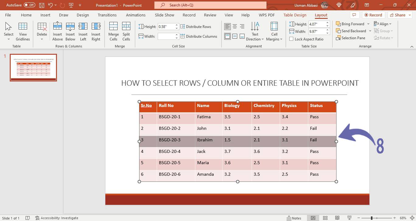 Selection of row, column or the entire table in PowerPoint