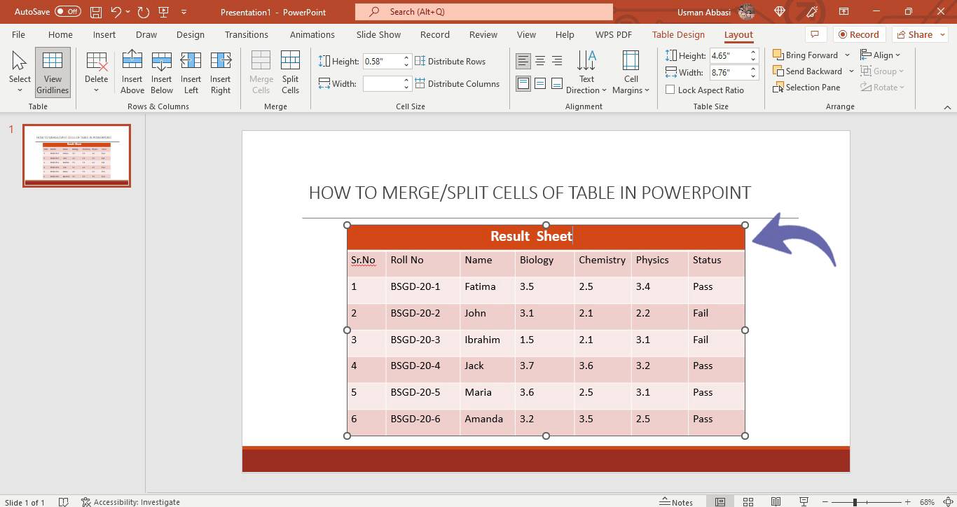 merge/split the table cells in PowerPoint