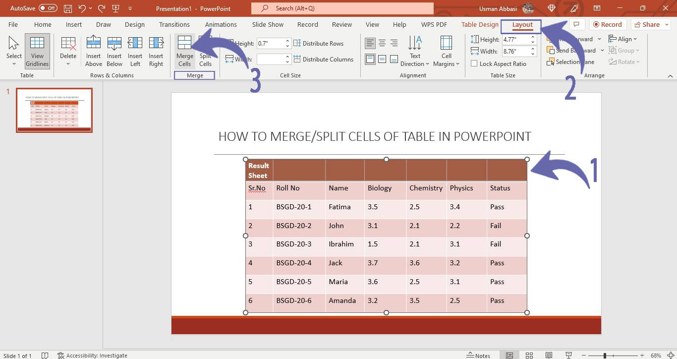 merge/split the table cells in PowerPoint