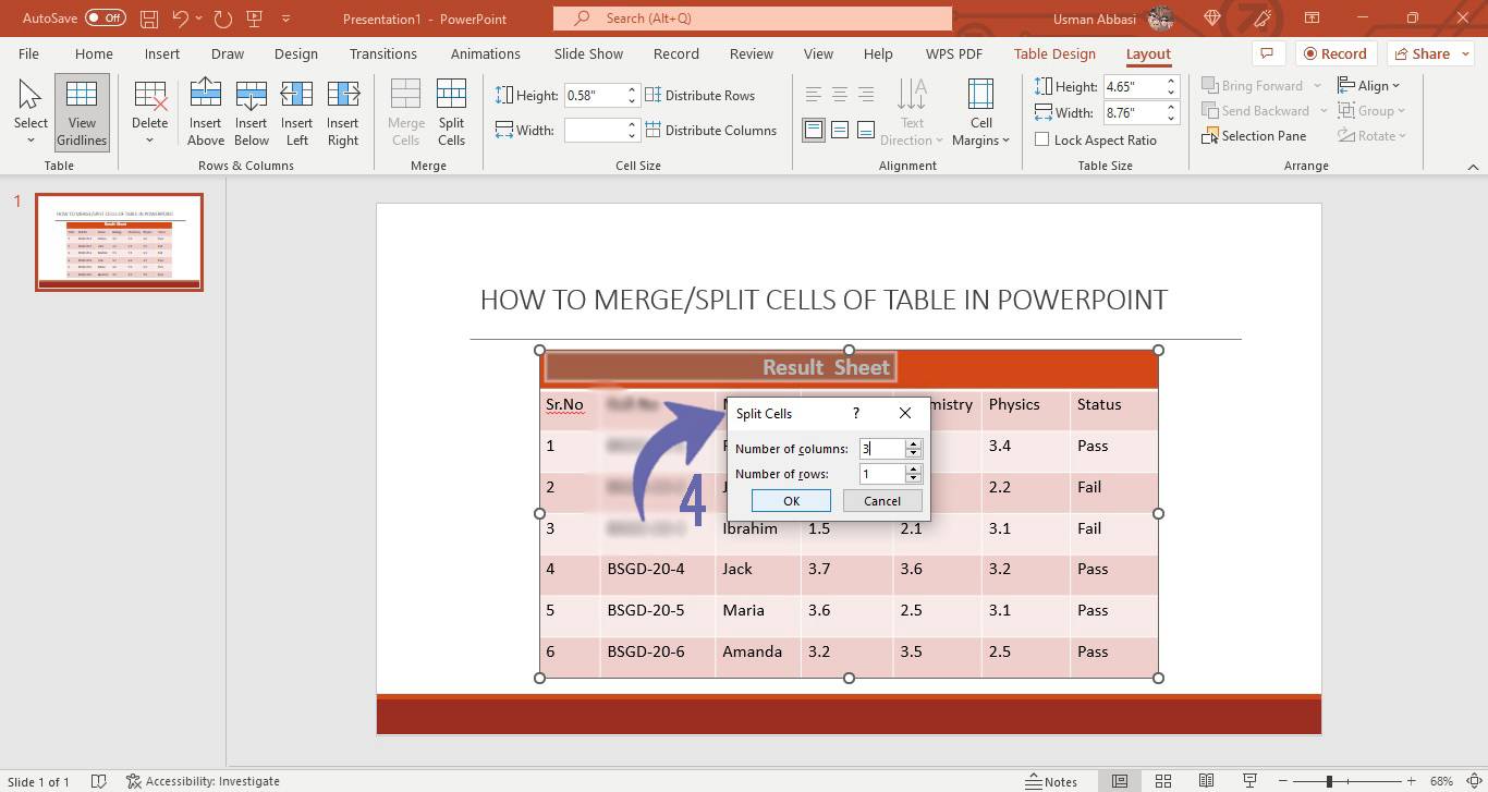 merge/split the table cells in PowerPoint