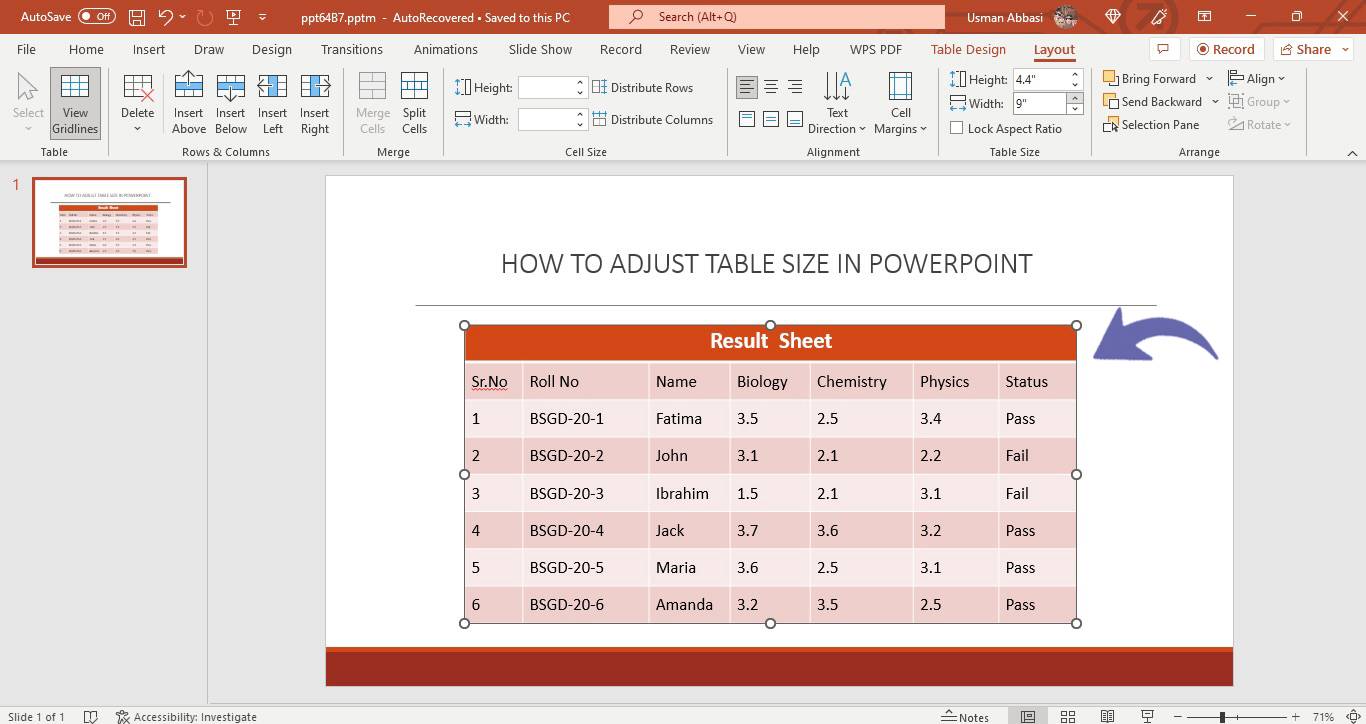 Adjusting table size in PowerPoint