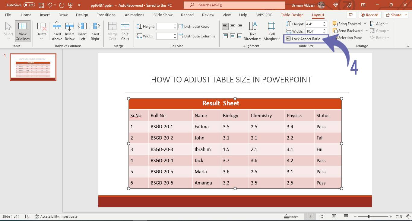 Adjusting table size in PowerPoint