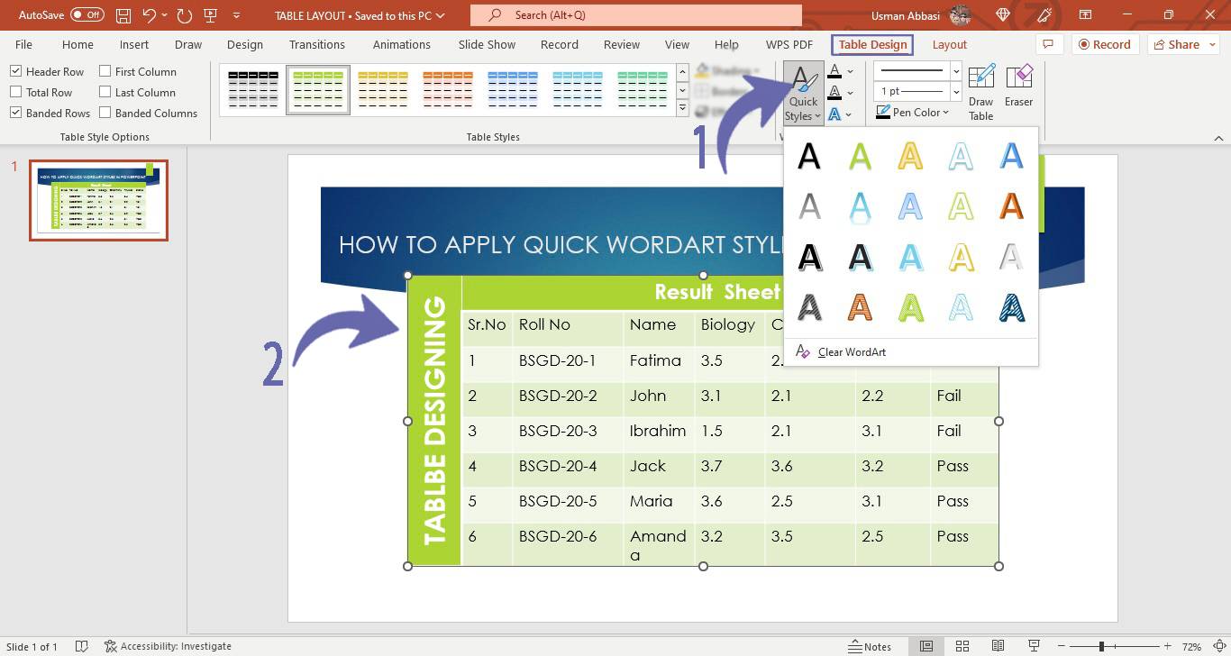 Applying quick word art styles to the text of the table in PowerPoint