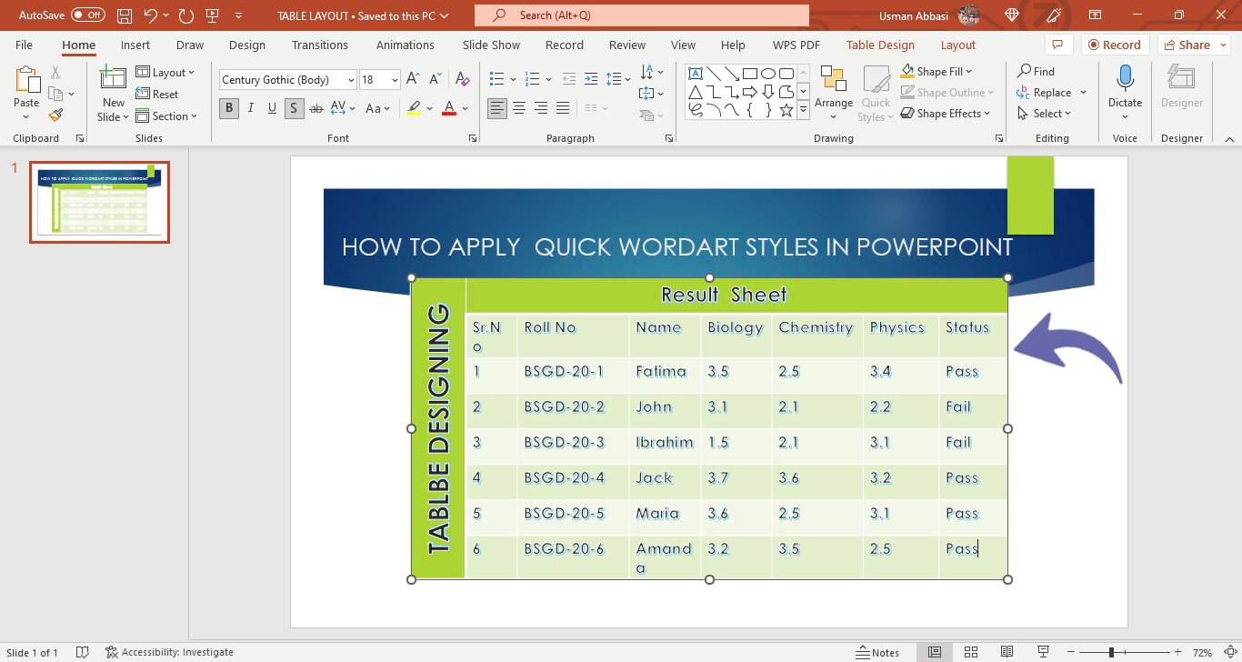 Applying quick word art styles to the text of the table in PowerPoint